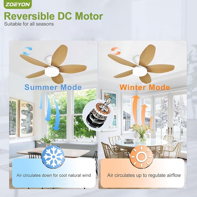 Small Ceiling Fan with Light - 35 Inch Flush Mount Ceiling Fan with Lights and Remote, Low Profile Ceiling Fans with 5 Reversible Blades, 6 Wind Speeds, White&Wood Ceiling Fans for Bedroom