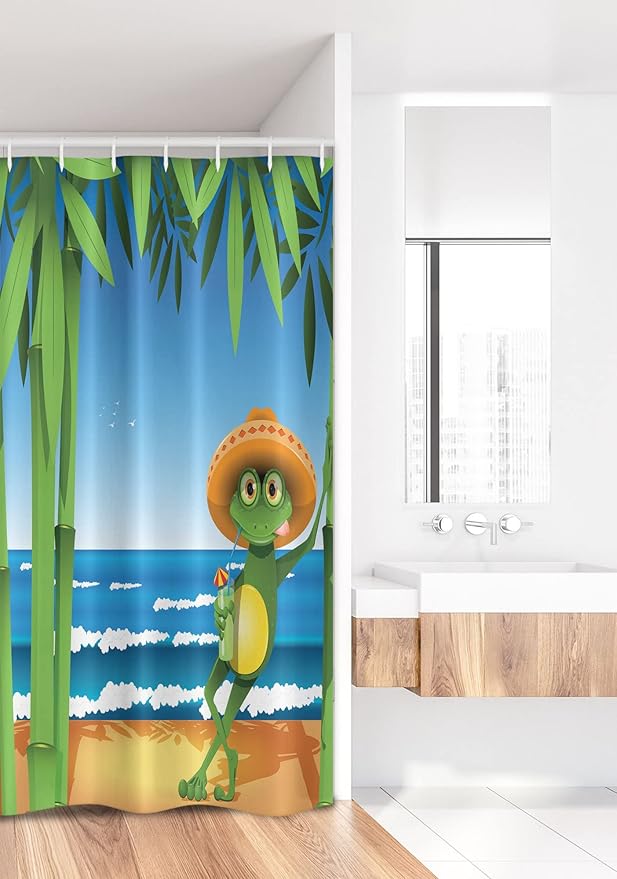 Ambesonne Animal Stall Shower Curtain, Illustration of a Frog on Sandy Beach with Palm Trees and Ocean Tropical Print, Fabric Bathroom Decor Set with Hooks, 36" W x 72" L, Cream Green