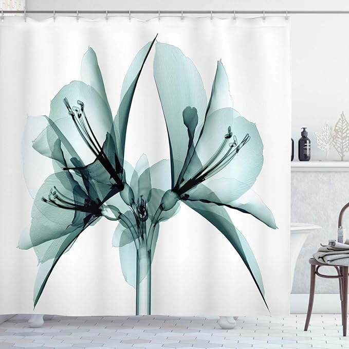 Ambesonne Flower Shower Curtain, Illustration of a Blooming Flower X-ray Vision of Nature Solarized Pattern, Cloth Fabric Bathroom Decor Set with Hooks, 69" W x 84" L, Ivory Teal