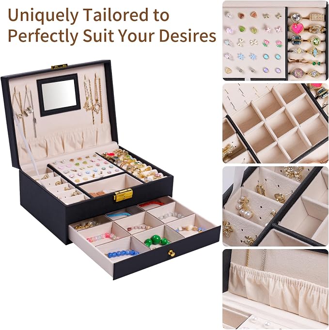 coobest Jewelry Box, 2 Layer Jewelry Organizer with Velvet Earring Organizer, Jewelry Holder Organizer Travel, White Jewelry Boxes for Women, Jewelry Boxes & Organizers for Girls, Black