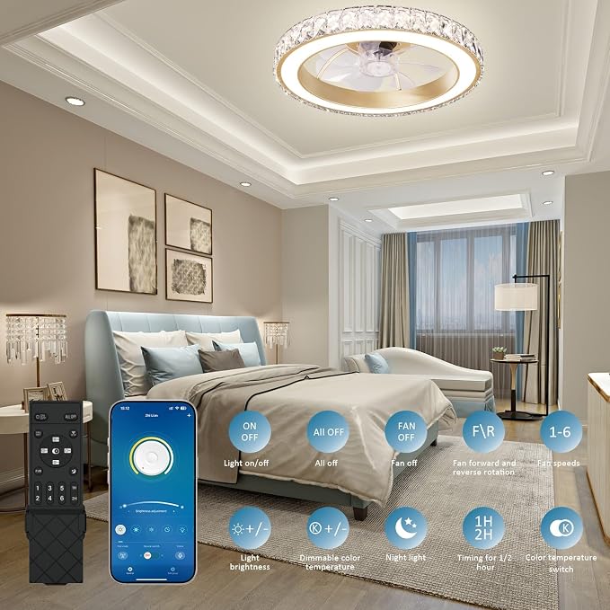 Aipsun Low Profile Modern Crystal Chandelier Ceiling Fans with Lights and Remote, 3000K-6500K Smart Bladeless LED Fan Light, 18" Gold Modern Ceiling Fans with Lights for Bedroom