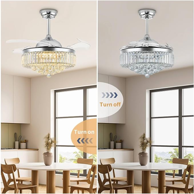 FIDGRA 42'' Fandelier Ceiling Fan with Light, Retractable Chandelier Fan, 3 Color Temperature, 6 Wind Speed, Crystal Ceiling Fan for Bedroom Living Room Dining Room-Chrome