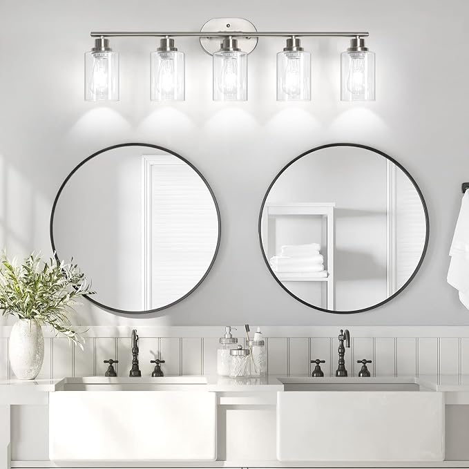 Unicozin Bathroom Light Fixtures, 5 Light Vanity Lights for Bathroom, Brushed Nickel Wall Lamp with Clear Glass for Mirror, Living Room, Hallway, Cabinet, E26 Base