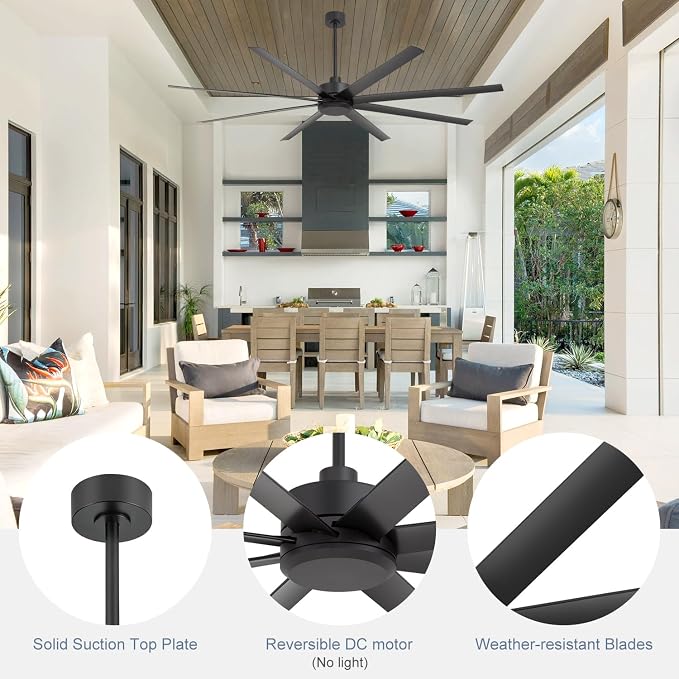 84" Industrial Large Ceiling Fans with No Lights Remote Control, 8 Reversible Blades, Quiet DC Motor, 6-Speed, 3 Down Rod Mount, Home Commercial Ceiling Fans without Light for Porch/Garage/Shop