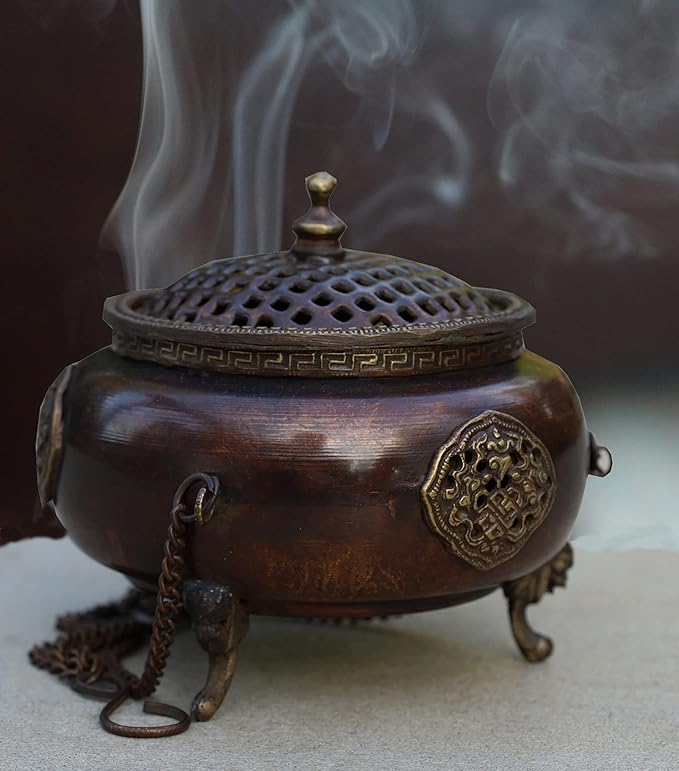DharmaObjects Tibetan Traditional Hanging Incense Burner Copper (6 x 4.5 x 4.5 Inches, Hanging 8)