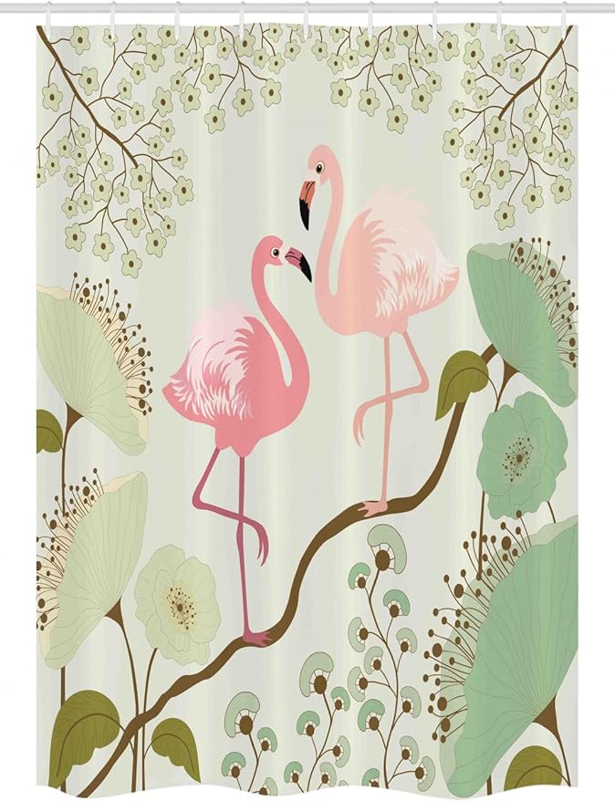 Ambesonne Peacock Stall Shower Curtain, Blossoming Floral Background with Pair of Flamingos on Tree Branch, Fabric Bathroom Decor Set with Hooks, 54" W x 78" L, Green Salmon