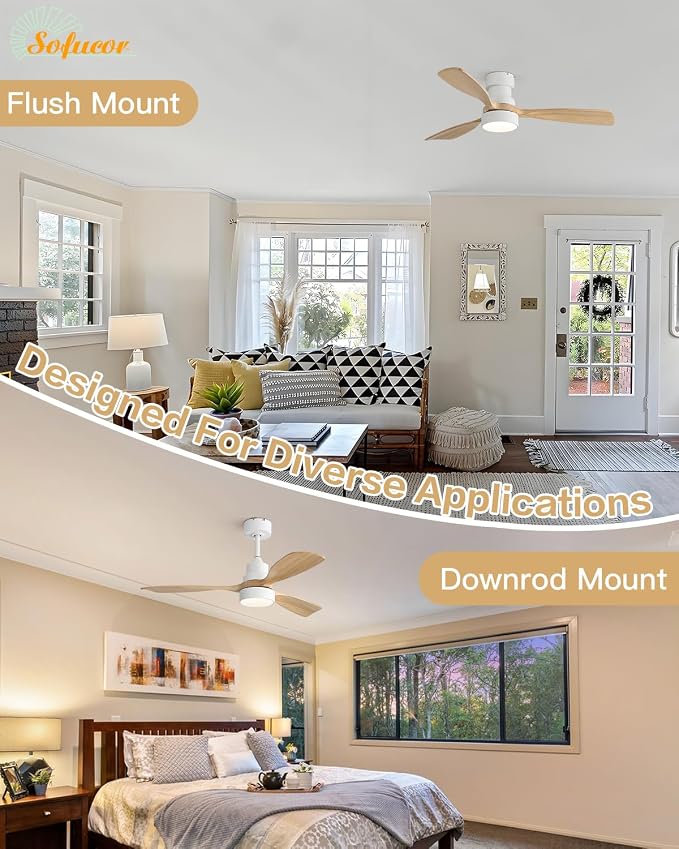 Sofucor 48 Inch Ceiling Fans with Lights and Remote Control-Modern Flush Mount&Downrod Mount Ceiling Fan for Bedroom Living Room Indoor Outdoor Farmhouse Patio, Timer Quiet DC Motor,White&Natural Wood