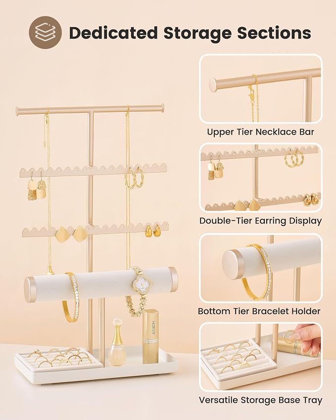 Lolalet Jewelry Organizer Stand, Necklace Bracelet Holder -Champagne Gold | Space-Saving Jewelry Display Storage Rack on Vanity Dresser for organizing Earrings Bangels Rings