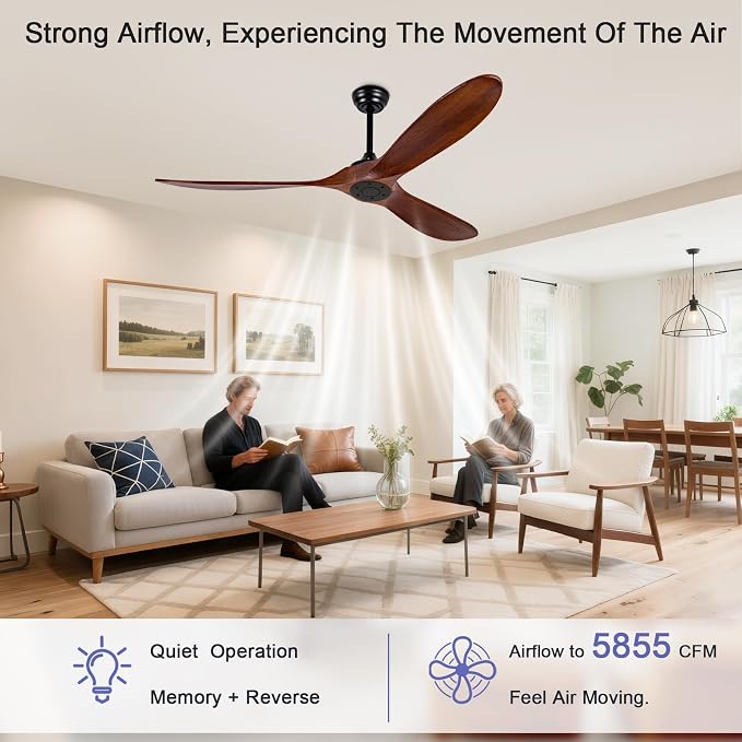 60" Ceiling Fan [No Light with Remote Control], Indoor Outdoor Ceiling Fan [with 3 Wooden Blades] for Patio, Living Room, Bedroom, Office, Farmhouse. Black + Walnut Color.