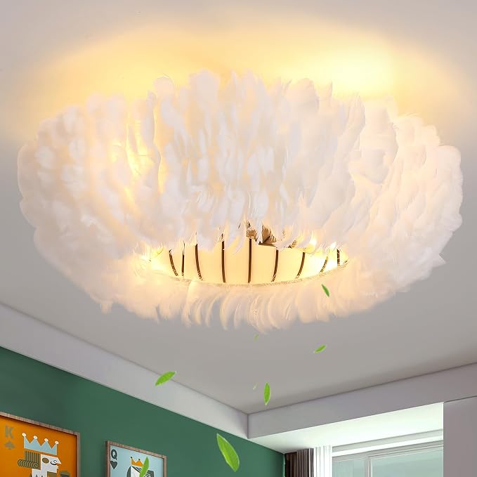 20" Modern Ceiling Fans with Lights and Remote Control，White Feather Chandeliers Stylish Low Profile Ceiling Fan for Bedroom, Living Room and Small Spaces,Featuring Reversible Motor, 6 Speeds