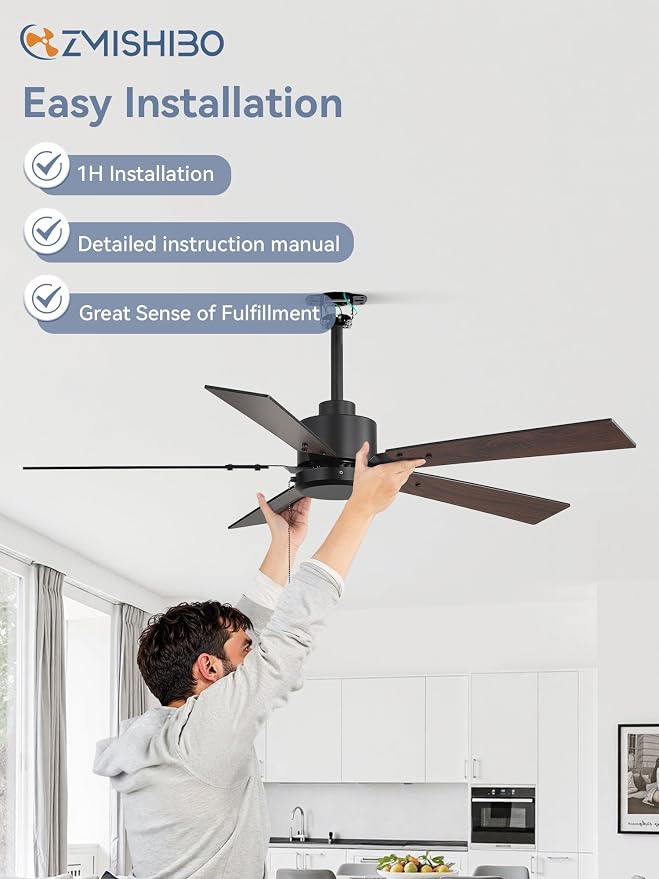 ZMISHIBO 52 Inch Ceiling Fan No Light with Pull Chain, Modern Ceiling Fan without Lights, 6-Speeds, Quiet DC Motor, Remote Control, Black Ceiling Fan for Bedroom, Living Room, Indoor/Outdoor Use