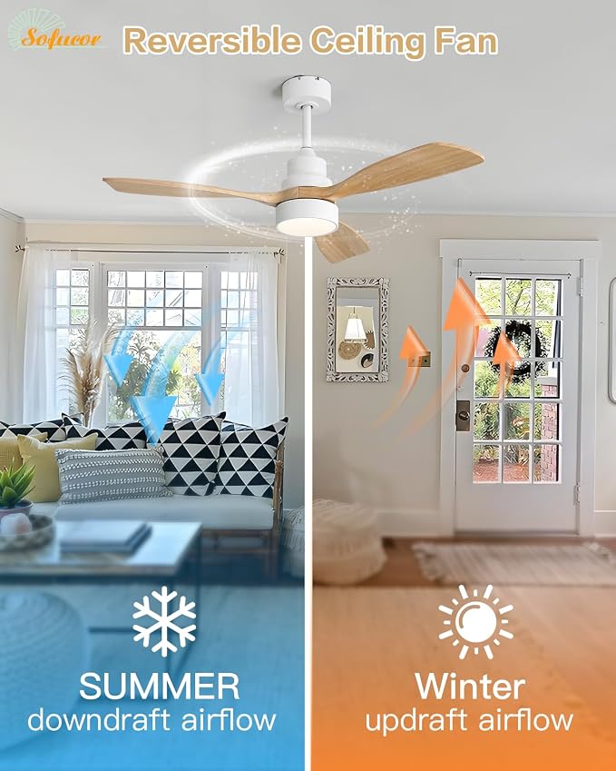 Sofucor 48 Inch Ceiling Fans with Lights and Remote Control-Modern Flush Mount&Downrod Mount Ceiling Fan for Bedroom Living Room Indoor Outdoor Farmhouse Patio, Timer Quiet DC Motor,White&Natural Wood
