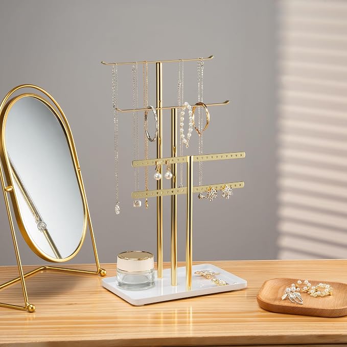 pickpiff Jewelry Organizer: 14.5" Sturdy Stand for 80 Pcs Jewelry, Shiny Gold