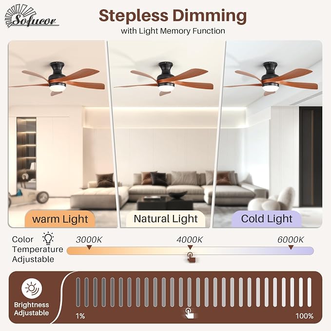 Sofucor Smart 42'' Low Profile Ceiling Fan with Lights and Remote, Flush Mount Ceiling Fan Work with APP/Alexa/Google for Farmhouse Bedroom Living Room Patio, Dimmable LED Quiet Reversible DC Motor