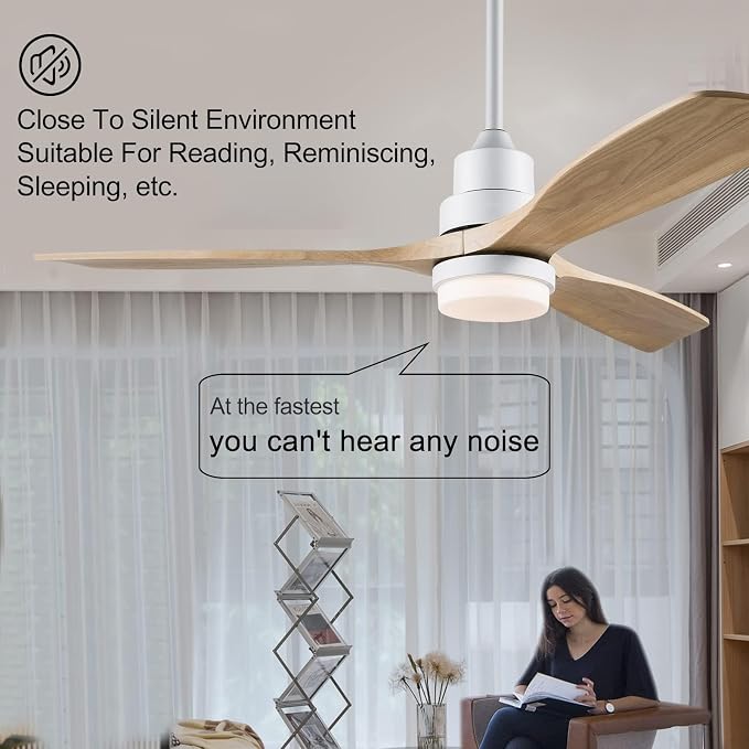 52 Inch Solid Wood Ceiling Fans with Lights, White Modern Ceiling Fan Light with Remote Silent Reversible DC Motor, Dimmable Led Home Decor Fan for Bedroom Living Room Patio