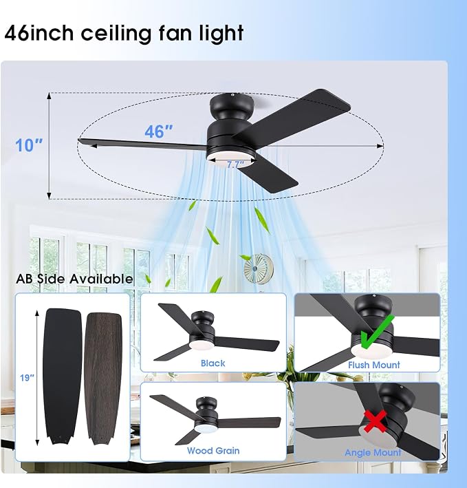 Kviflon 46 inch Modern Ceiling Fans with Lights and Remote/APP Control, Low Profile Flush Mount, Reversible 3 Blades, Double Sided, 6 Speeds, 3CCT, Dimmable LED Lights for Kids Room Bedroom, Black