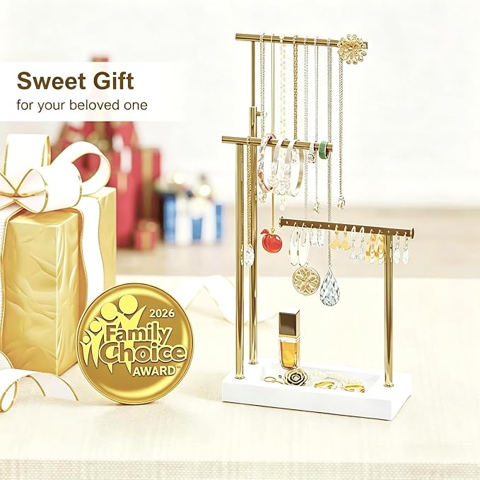 SRIWATANA Jewelry Organizer Display Extra Tall Necklace Holder 3 Tier Jewelry Tree Stand, Gift Idea (White & Gold) | Modern Luxury Jewelry Tree with Wood Base Tray; Ideal to Organize Long Necklaces, Earrings, Rings