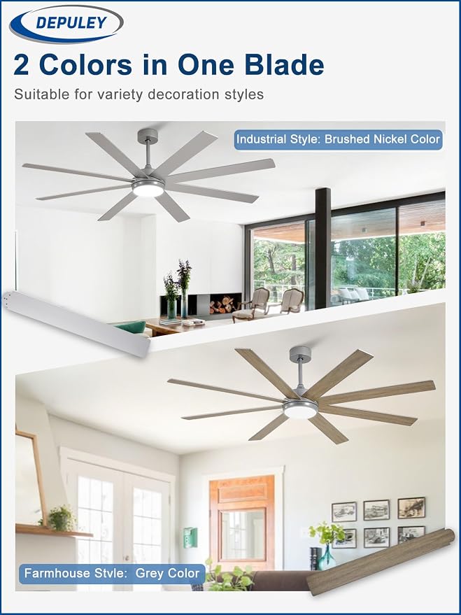 Depuley 66" Ceiling Fans with Lights: Large Indoor/Outdoor Ceiling Fan for Patios Living Room - 8 Blades Silver Dimmable Ceiling Fans with Remote APP Control Timer Reversible Quiet DC Motor 6 Speeds