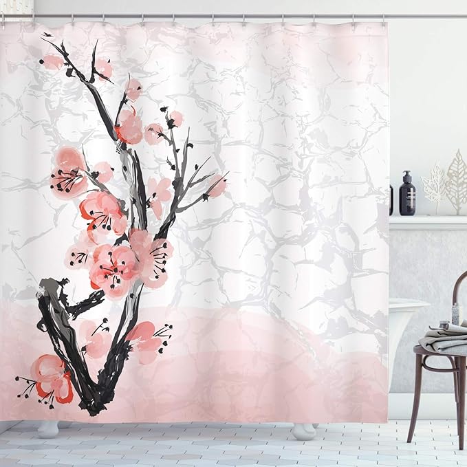 Ambesonne Floral Shower Curtain, Japanese Cherry Blossom Sakura Tree Branch Soft Pastel Watercolor Print, Cloth Fabric Bathroom Decor Set with Hooks, 69" W x 70" L, Pink Coral