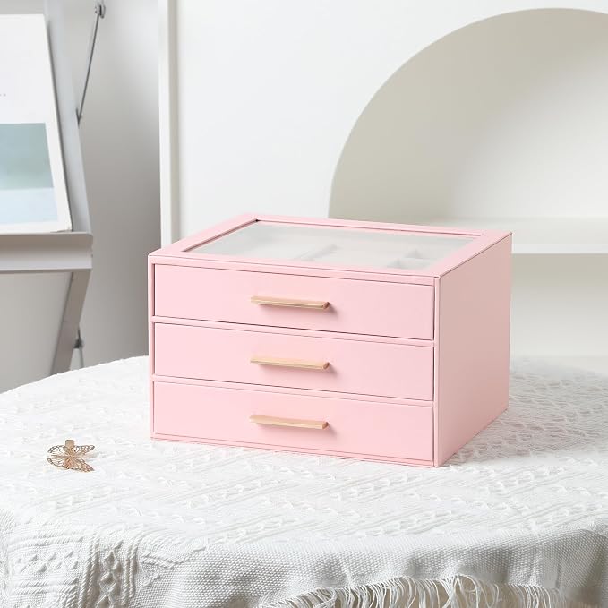 Frebeauty Jewelry Box for Women,Clear Lid Jewelry Organizer with 3 Drawers | Faux Leather,Velvet Lining,3 Layers,Jewelry Storage for Ring Earring Stud,Dustproof Design,Gift Choice,Golden Stylish Handle