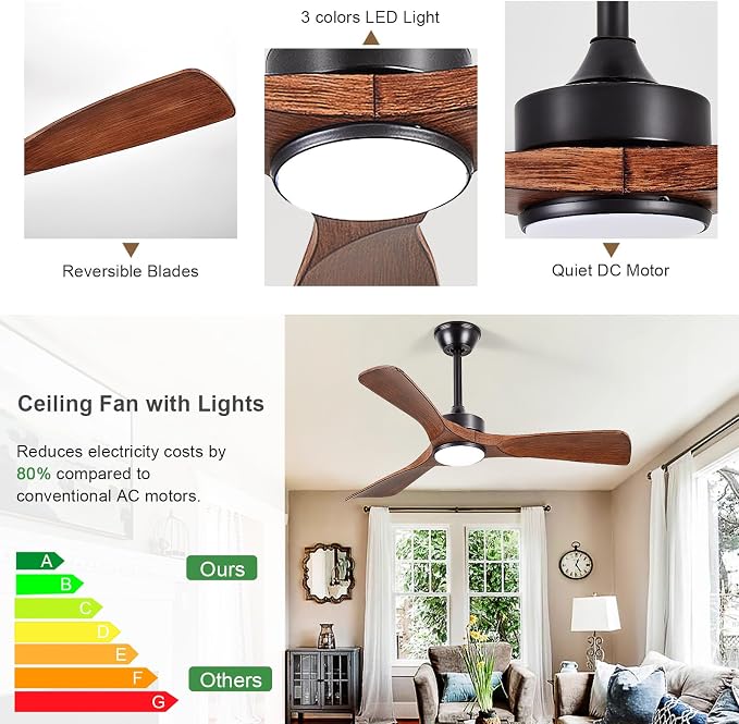 Ceiling Fans with Lights and Remote: 42-Inch Ceiling Fan 3 Blades Low Profile Outdoor - Walnut Ceiling Fans with Remote Control Quiet Reversible DC Motor for Patio Living Room