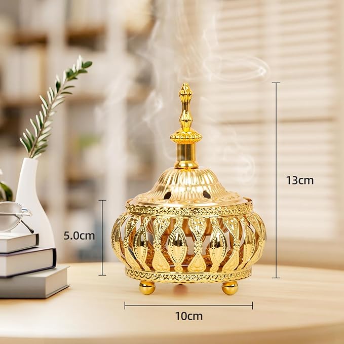 Golden Incense Holder, Frankincense Charcoal Incense Resin Stand, Bakhoor Incense Burner, Ideal for Aromatherapy Yoga Spa, Arabian Vintage Home Christian Church Censer (Golden)