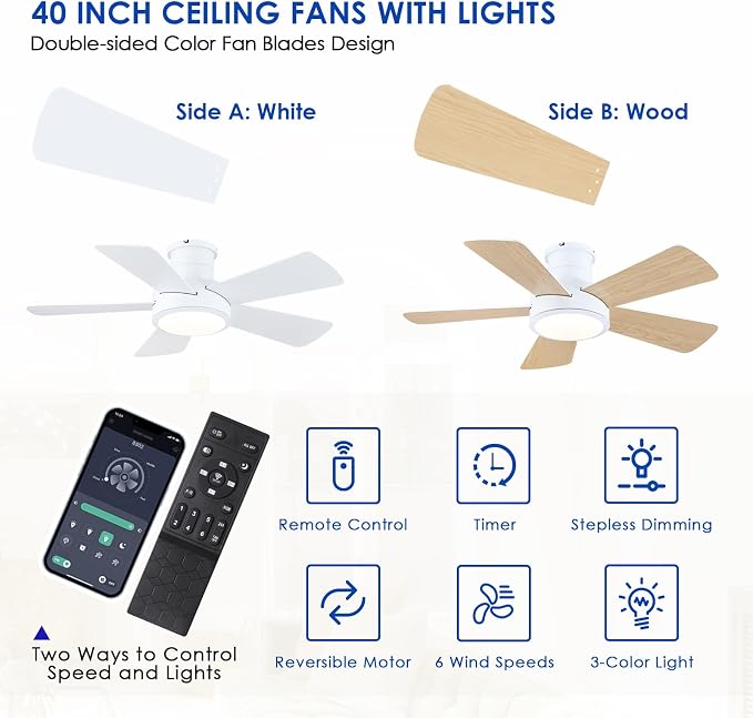 Hounberi 40" RGB Ceiling Fan with Light and Remote, White Low Profile Flush Mount Smart Fan with App Control, Quiet Reversible DC Motor, Modern Dimmable 5-Blade for Bedroom Living Room