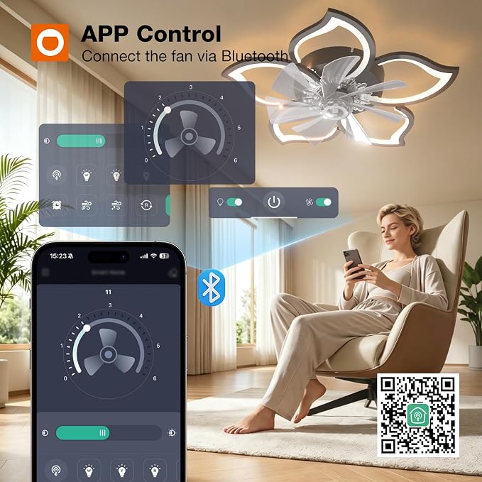 addlon Ceiling Fans with Lights and Remote, 27'' Low Profile Flush Mount Ceiling Fan, 3000–6000K Dimmable LED Fandelier, Flower Fan Light for Bedroom, Kitchen, Living Room, Black
