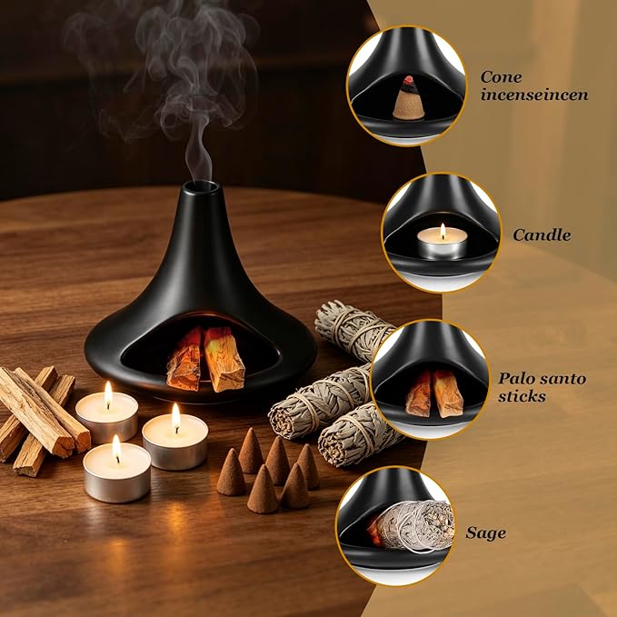 Ceramic Palo Santo Holder Chiminea Shape Burner, Mini Smudge Bowl with Ash Catcher for Palo Santo Sticks, Incense Cones & Candles, for Meditation, Yoga, Cleansing Ceremony, Handmade (Matte Black)