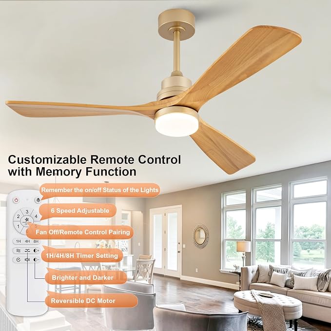 52 Inch Boho Ceiling Fans with Lights and Remote, Gold Ceiling Fan with Quite Reversible DC Motor, Dimmable LED Memory Function,Solid Wood Indoor Outdoor Ceiling Fan with Light for Patio Bedroom