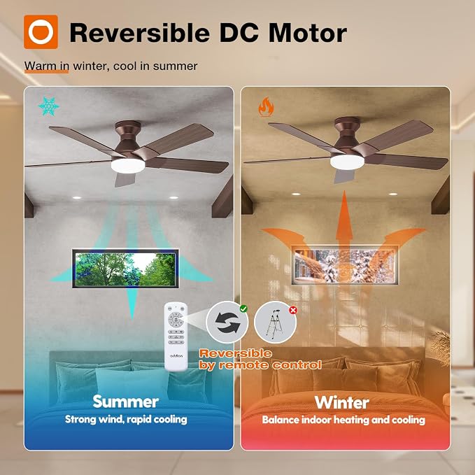 addlon Ceiling Fans with Lights, 52 Inch Low Profile Ceiling Fan with Light and Remote Control, Flush Mount, Reversible, 3CCT, Dimmable, Quiet, Brown Ceiling Fan for Bedroom Indoor/Outdoor Use