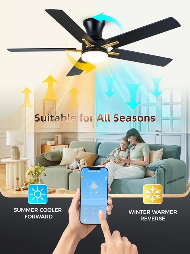 LANMEL 52 Inch Flush Mount Ceiling Fan with Light, App&Remote Control, Low Profile Modern Ceiling Fan, 6 Speed, Reversible, 3000k-6500k Dimmable LED, Quiet DC Motor for Indoor Outdoor, Gold Black