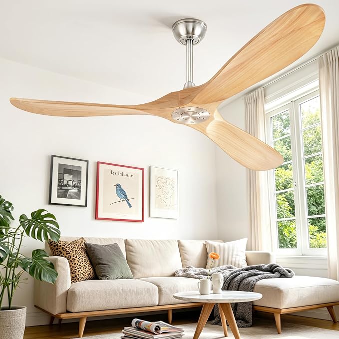 72” Ceiling Fans Without Lights, Wood Ceiling Fan with Remote Control No Light, Modern Propeller Ceiling Fan with 3 Blades,Brushed Nickel Outdoor Ceiling Fans for Patios (Nature Wood)