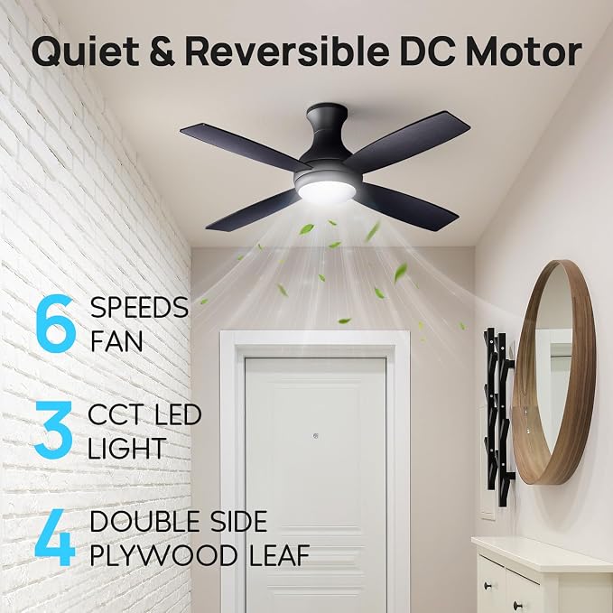 Consciot 52 Inch Ceiling Fan With Lights, Modern Black Ceiling Fan, Remote Control, Quiet Reversible DC Motor, Flush Mount, Dimmable 3CCT LED Light, Double Finish Blade, For Indoor Bedroom Living Room