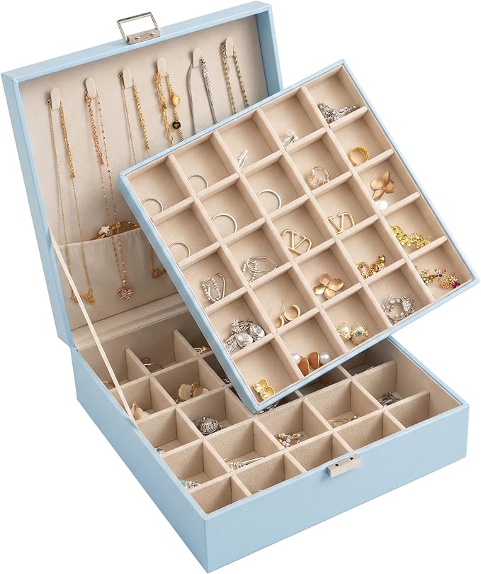 Frebeauty 50 Grid Earring Holder Organizer,2 Layer Jewelry Box for Women | Faux Leather,Velvet Lining,Adjustable Divider,Jewelry Organizer for Ring Necklace and Bracelet,for Home Use and Jewelry Store