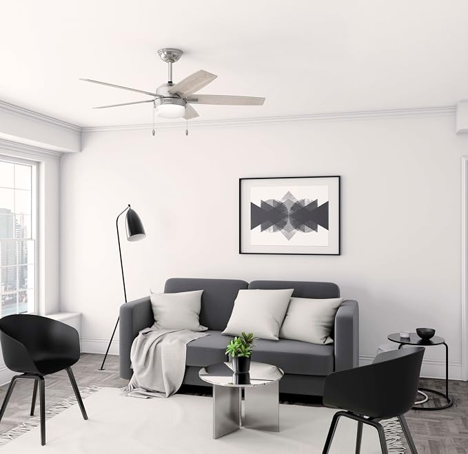 Hunter 52" Anisten Indoor Ceiling Fan, Light, Pull Chain, Brushed Nickel | WhisperWind whisper-quiet motor, DuraLight lens, and 3" downrod support bedrooms, offices, and great rooms year-round.