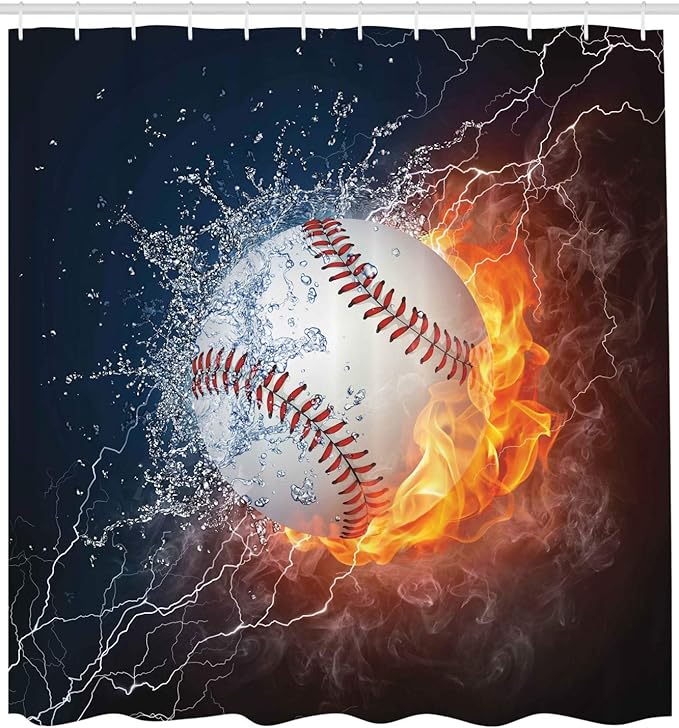 Ambesonne Sports Shower Curtain, Sportive Theme Design of Baseball Ball and Water Splashing Thunder Speedy Art Print, Cloth Fabric Bathroom Decor Set with Hooks, 69" W x 84" L, Blue and Burgundy