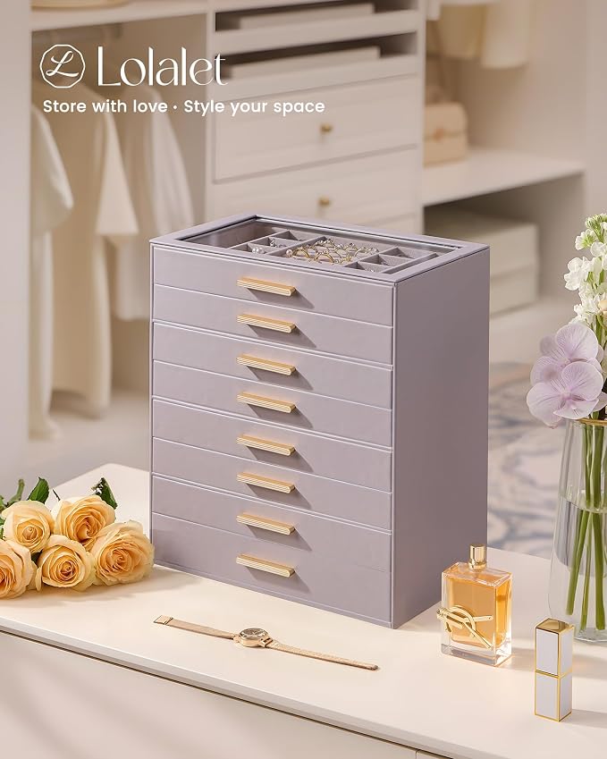Lolalet Jewelry Box Organizer, 8-Layer Jewelry Organizers and Storage Case with Glass Lid, Ring Earring Bracelet Necklace Holder Organizer, Birthday Valentine Gifts for Women Girls -8Layer, HazePurple
