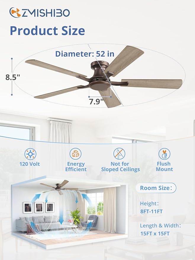 ZMISHIBO 52 Inch Ceiling Fan No Light, Flush Mount Low Profile, Farmhouse Brown Ceiling Fan Without Light, Remote Control & Quiet DC Motor, for Indoor&Outdoor, Bedroom, Living Room