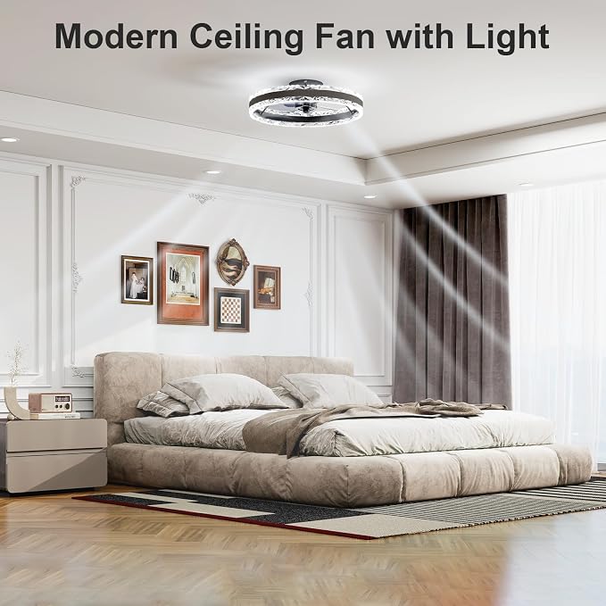 VOLISUN Low Profile Ceiling Fans with Light and Remote, 19.7in Fandelier Ceiling Fan with Light, 3000K-6500K Dimmable Flush Mount LED Ceiling Fan Light, Black Modern Ceiling Fan Light for Bedroom