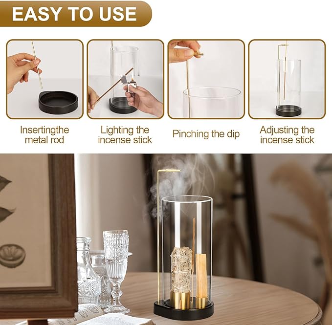 4 in 1 Wooden Incense Burner with Glass, Incense Holder for Candle, Sticks, Palo Santo, Sage and Cones, Wood Ash Catcher Tray for Meditation Yoga Room Home Decor (Glass)