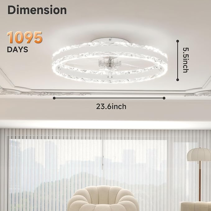 VOLISUN Low Profile Ceiling Fans with Light and Remote, 23.6in Fandelier Ceiling Fan with Light, 3000K-6500K Dimmable Flush Mount LED Ceiling Fan Light, White Modern Ceiling Fan Light for Bedroom