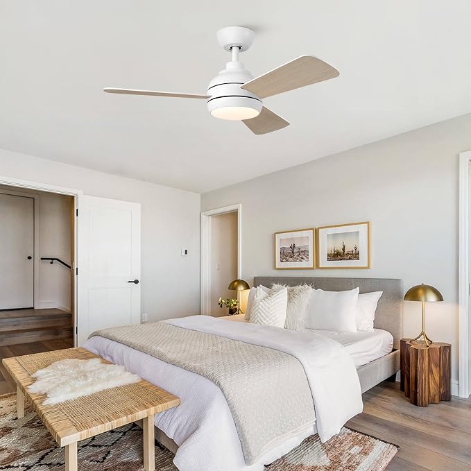 42 Inch Downrod Ceiling Fan with Light, 3 Wood Blades, White | Remote Control,Reversible Quiet DC Motor,Wood Blades,6-Speed,3CCT Dimmable LED for Bedroom,Living Room