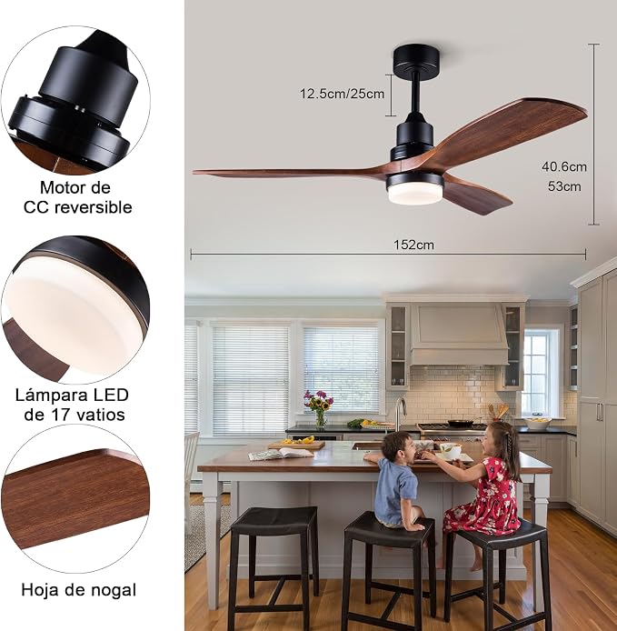 60 Inch Ceiling Fans with Lights and Remote Control, Dimmable LED Light,Quite DC Motor, Indoor Outdoor Wood Ceiling Fan with 3 Blade for Patio Living Room, Bedroom, Office, Summer House