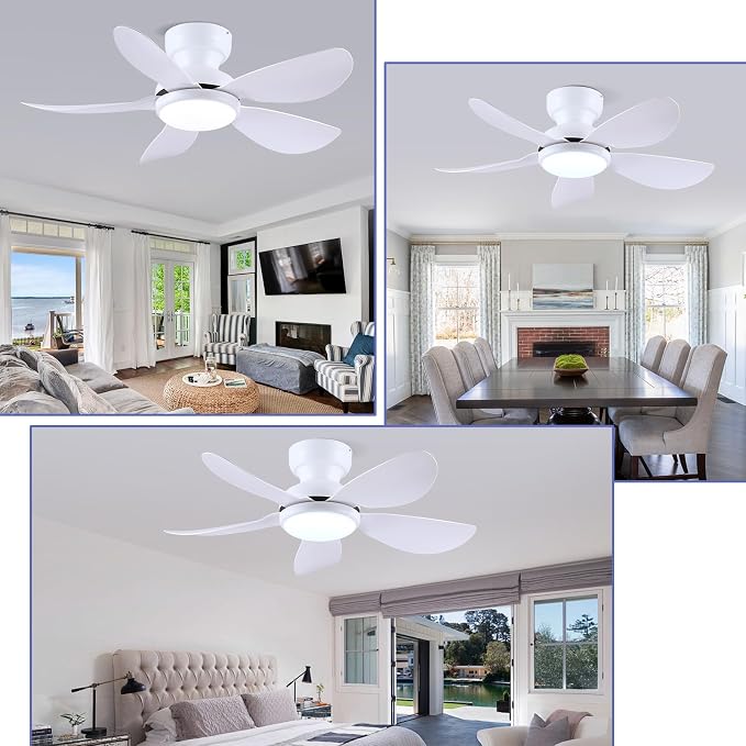 Kviflon 36 Inch Modern Ceiling Fans with Lights, Small Flush Mount Ceiling Fans, Remote/APP Control, 5 Reversible Curved Blades, 6 Speeds, 3 CCT Dimmable Lights for Kitchen Bedroom, White
