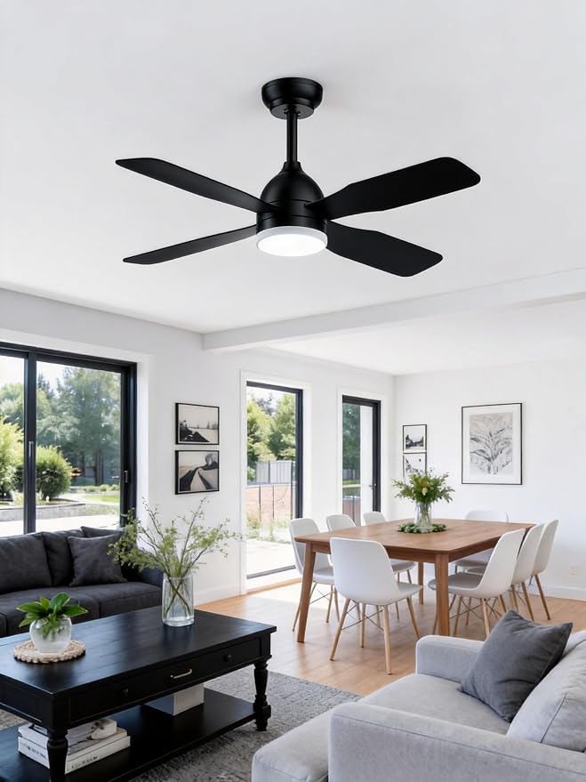 42 Inch Ceiling Fans with Lights: Ceiling Fan with 4 Dual Sided Fan Blades, Remote and App Control, 6 Wind Speed, Reversible DC Motor, 3CCT Dimmable LED, Small Black Ceiling Fan for Bedroom