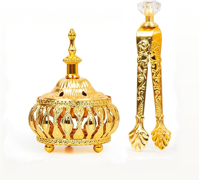 Golden Incense Holder, Frankincense Charcoal Incense Resin Stand, Bakhoor Incense Burner, Ideal for Aromatherapy Yoga Spa, Arabian Vintage Home Christian Church Censer (Golden)