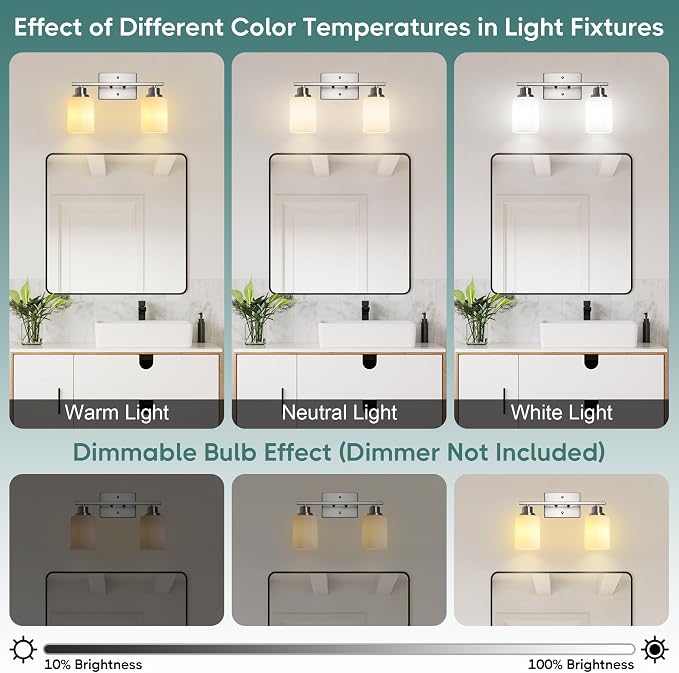 Ascher Bathroom Light Fixtures, 2-Light Vanity Light Over Mirror, Brushed Nickel Wall Sconces with Milky White Frosted Glass Shades, Wall Lamp for Living Room Bedroom, E26 Base(Bulbs Not Included)