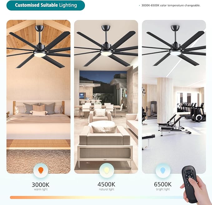 Modern 84 Inch Led Ceiling Fans With Lights, 1-6 Wind Speeds 3cct Black 84" Indoor | Outdoor Large Ceiling Fans With Lights And Remote For Warehouses Patios Porch Barns