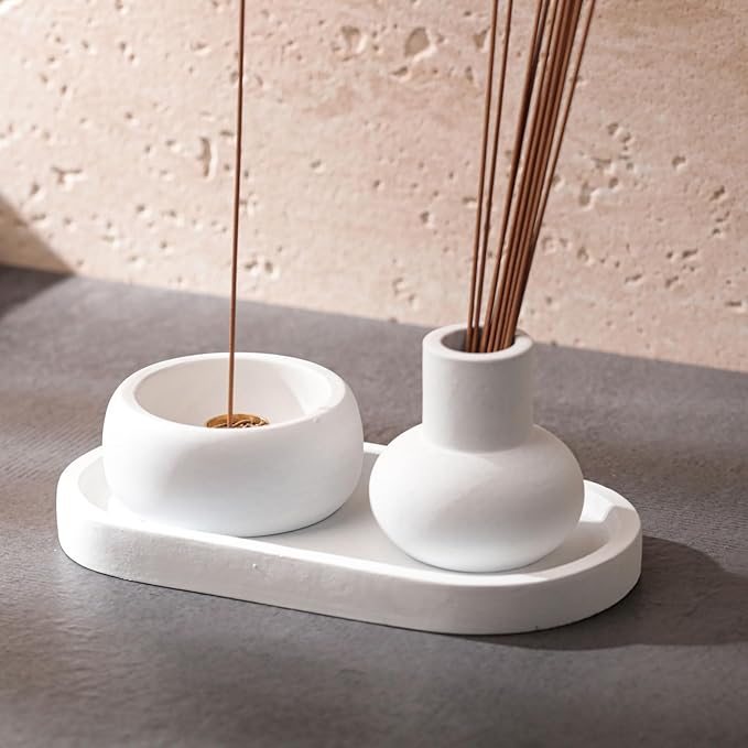 Concrete Incense Burner Set with Holder and Tray,Multifunction Incense Holder for Burning Sage,Palo Santo,Incense Sticks,Ideal for Meditation Home Decor(White)